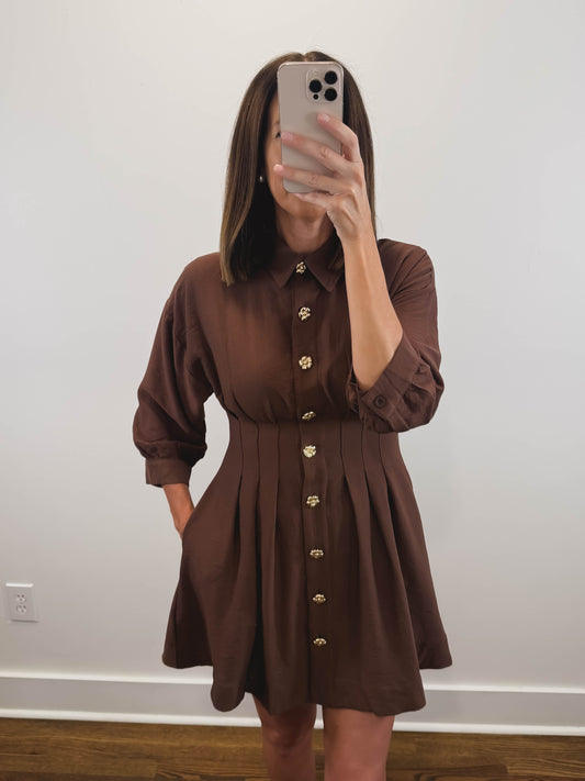 The Pecan Dress | Brown Gold Button Mini Shirt Dress