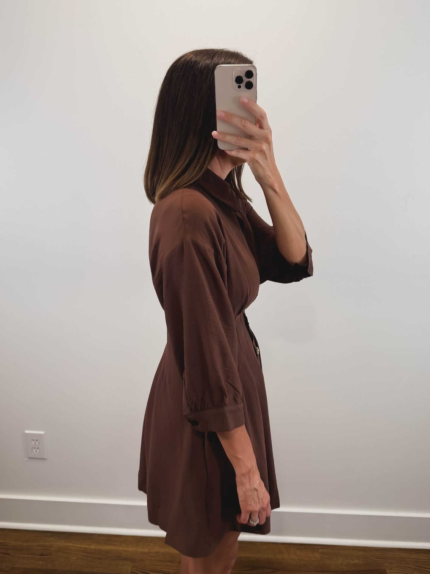 The Pecan Dress | Brown Gold Button Mini Shirt Dress