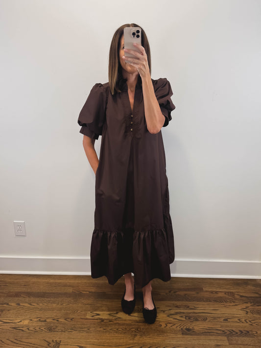 The Walnut Dress | Espresso Puff Sleeve Midi Dress