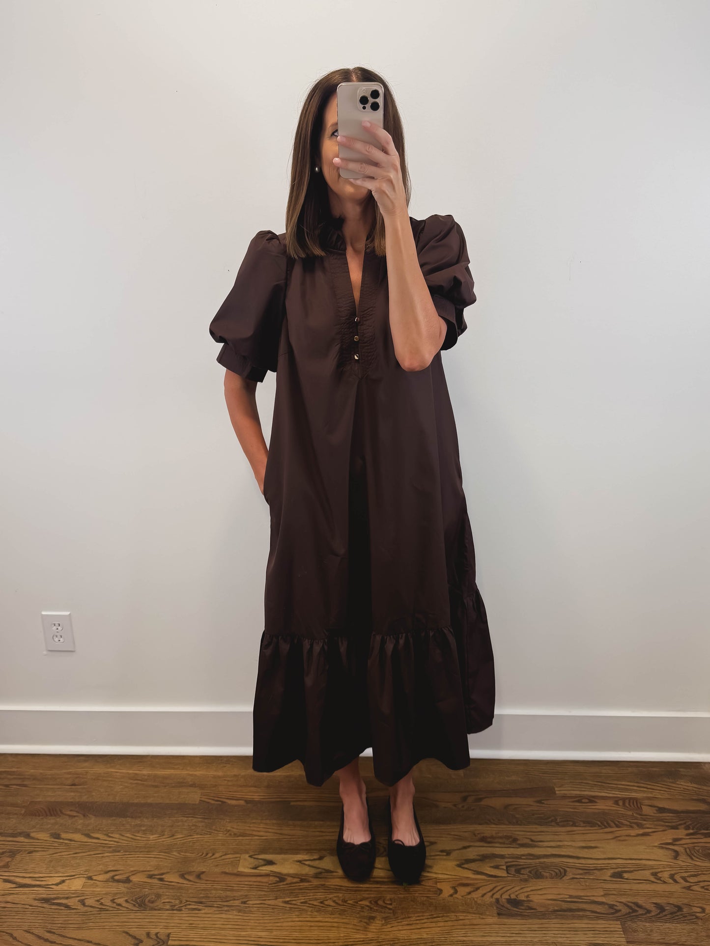 The Walnut Dress | Espresso Puff Sleeve Midi Dress