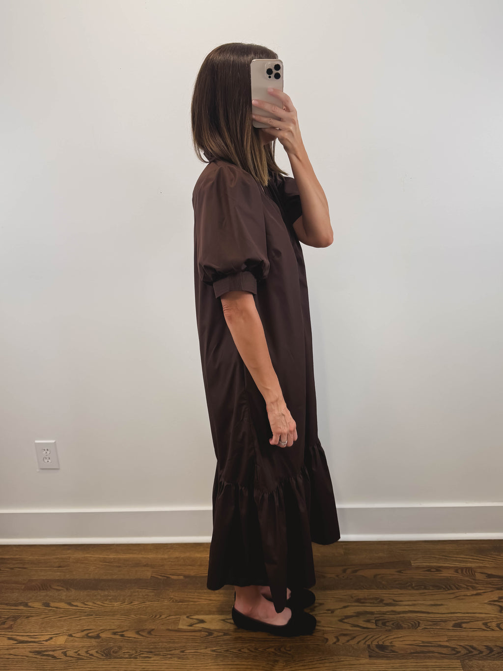 The Walnut Dress | Espresso Puff Sleeve Midi Dress