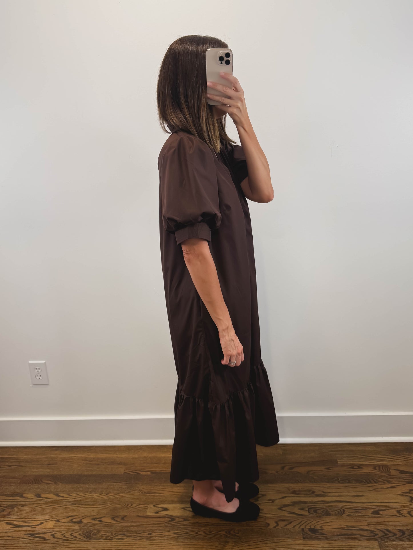 The Walnut Dress | Espresso Puff Sleeve Midi Dress