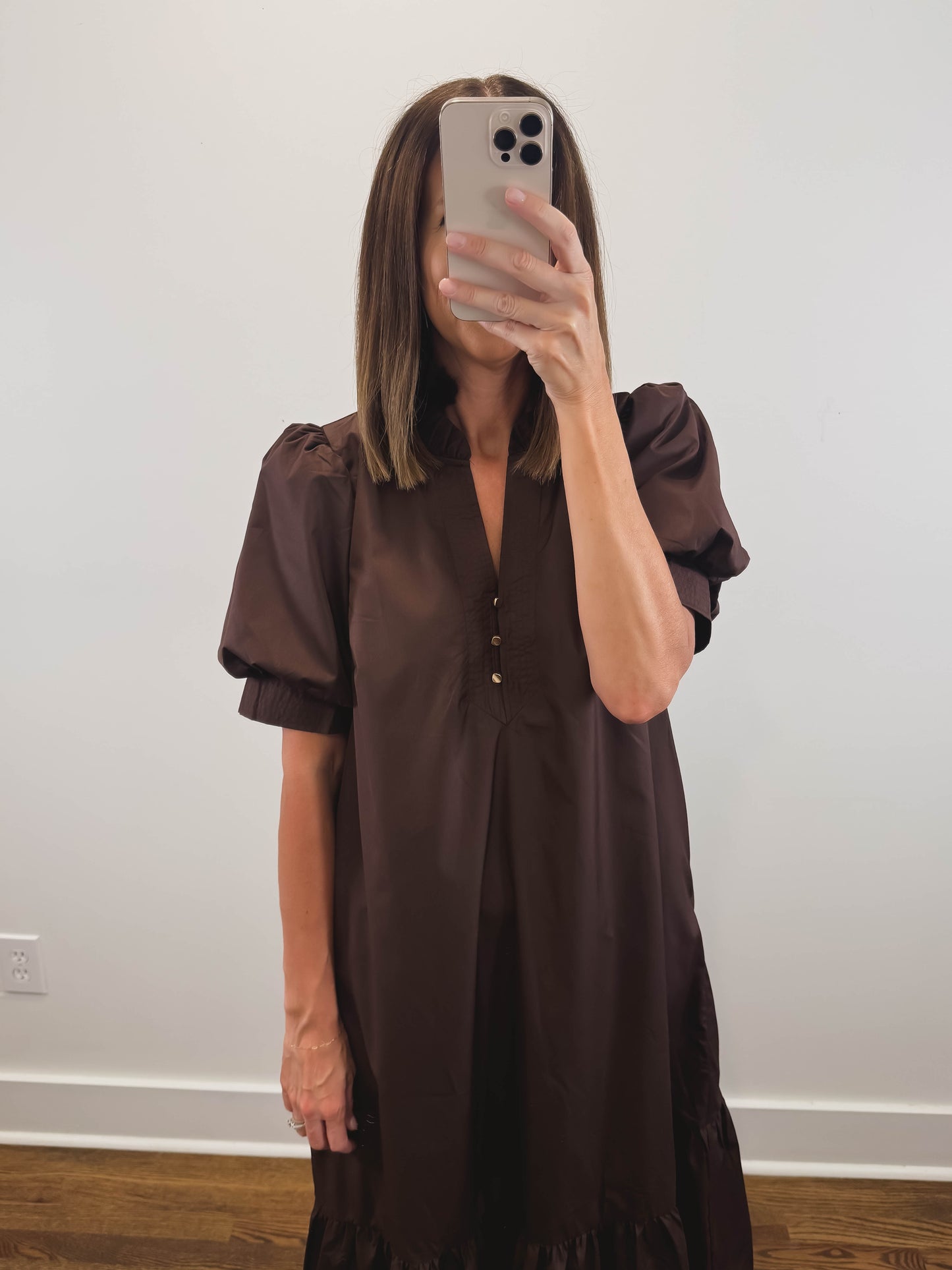 The Walnut Dress | Espresso Puff Sleeve Midi Dress