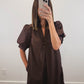 The Walnut Dress | Espresso Puff Sleeve Midi Dress