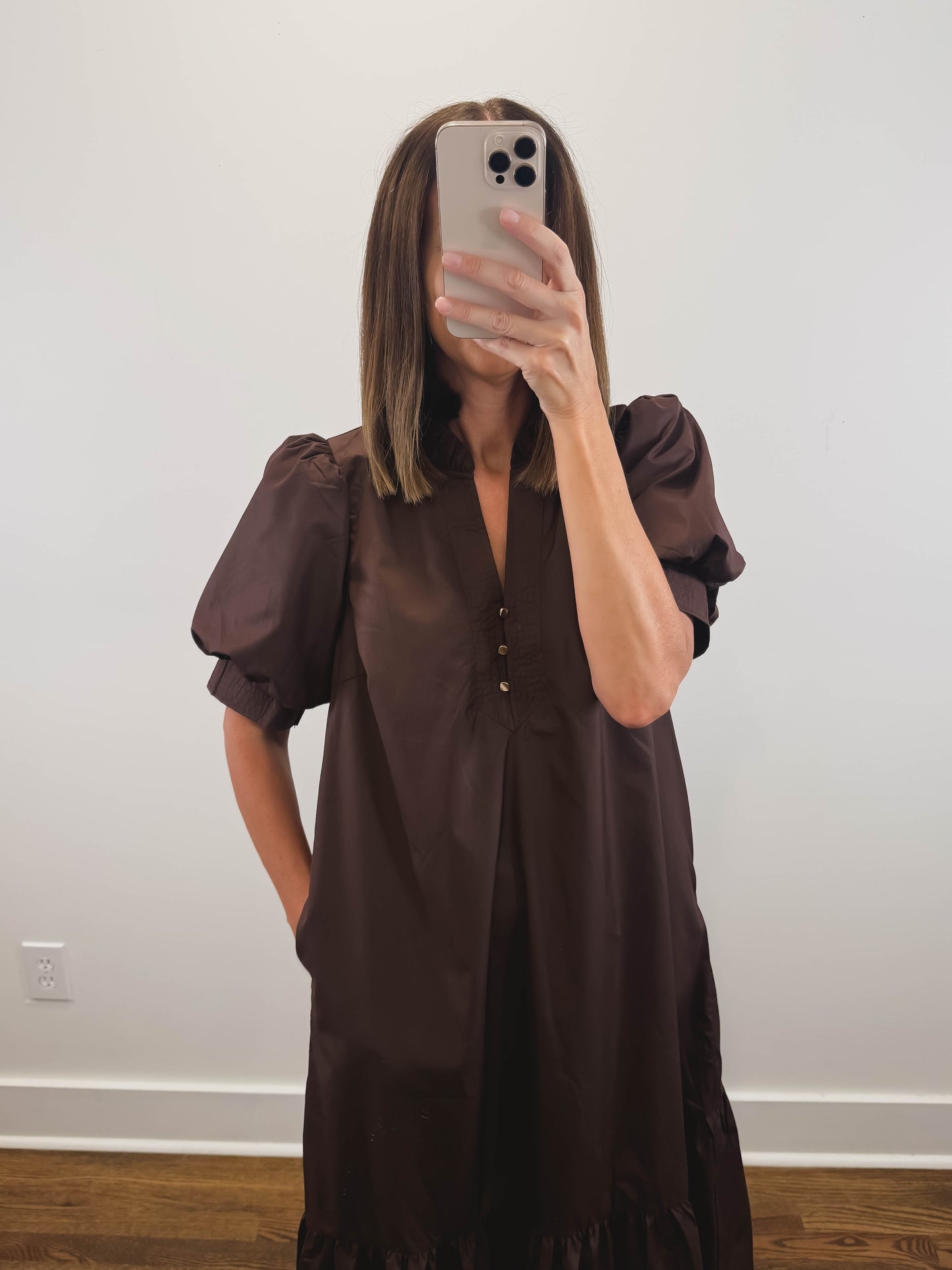 The Walnut Dress | Espresso Puff Sleeve Midi Dress
