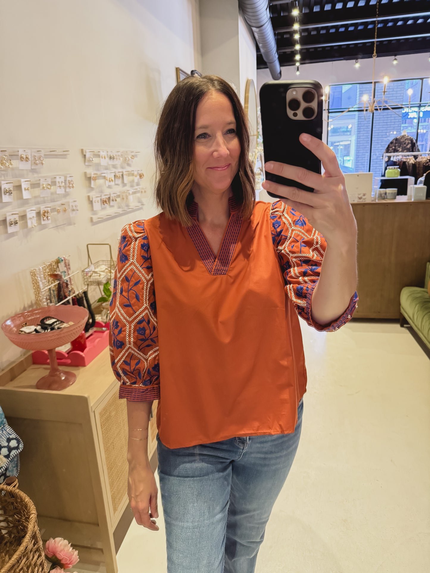 The Orange Geometric Floral Top