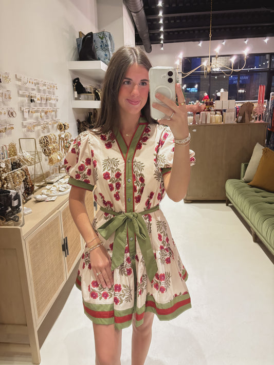 Cream Flower Belted Dress