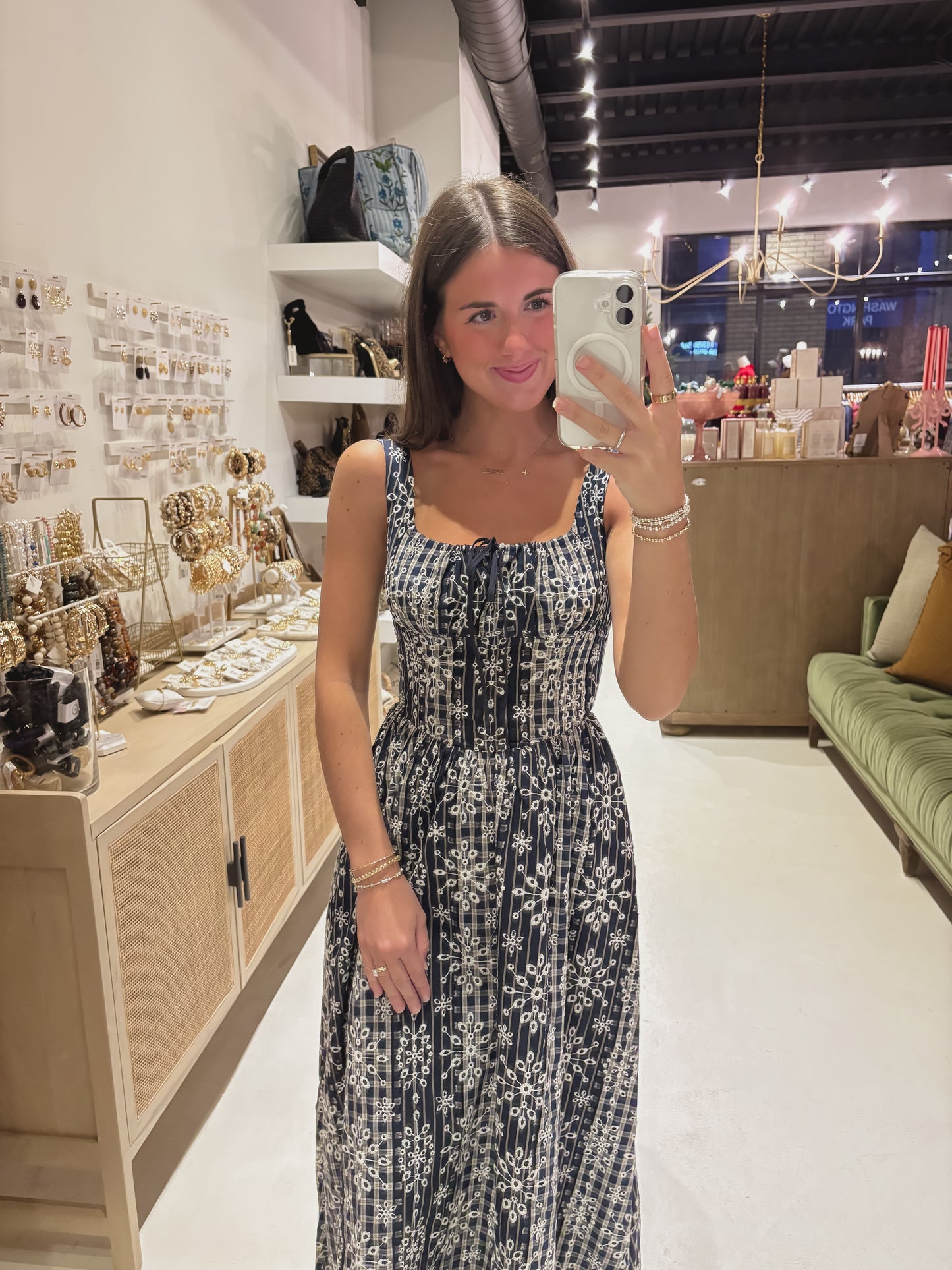 Navy Embroidered Midi Dress W/ Tie