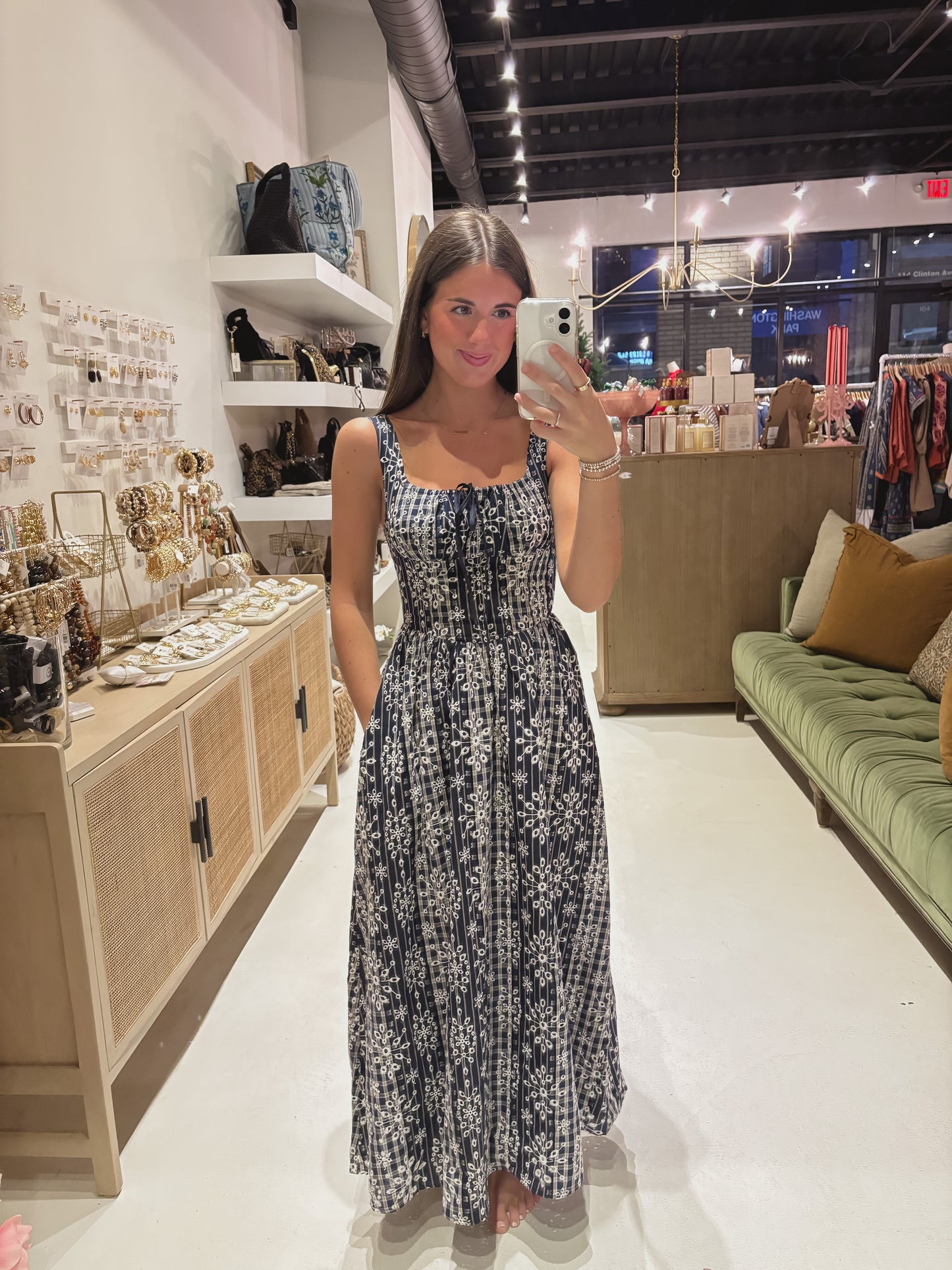 Navy Embroidered Midi Dress W/ Tie