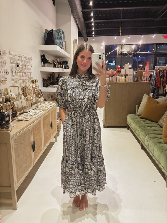 The Black and Cream Ruffle Midi Dress