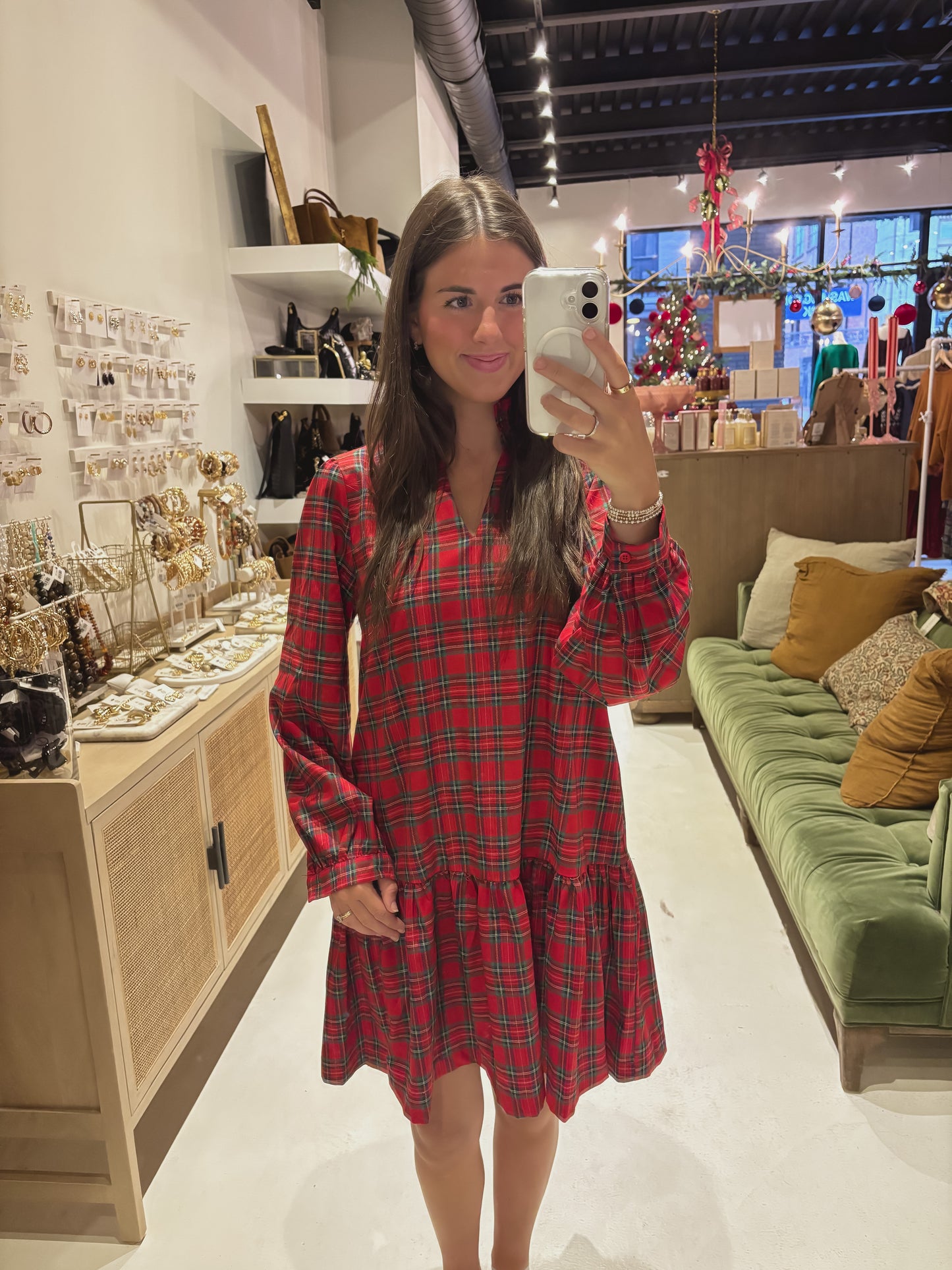 Ruffled High Neck Checker Dress