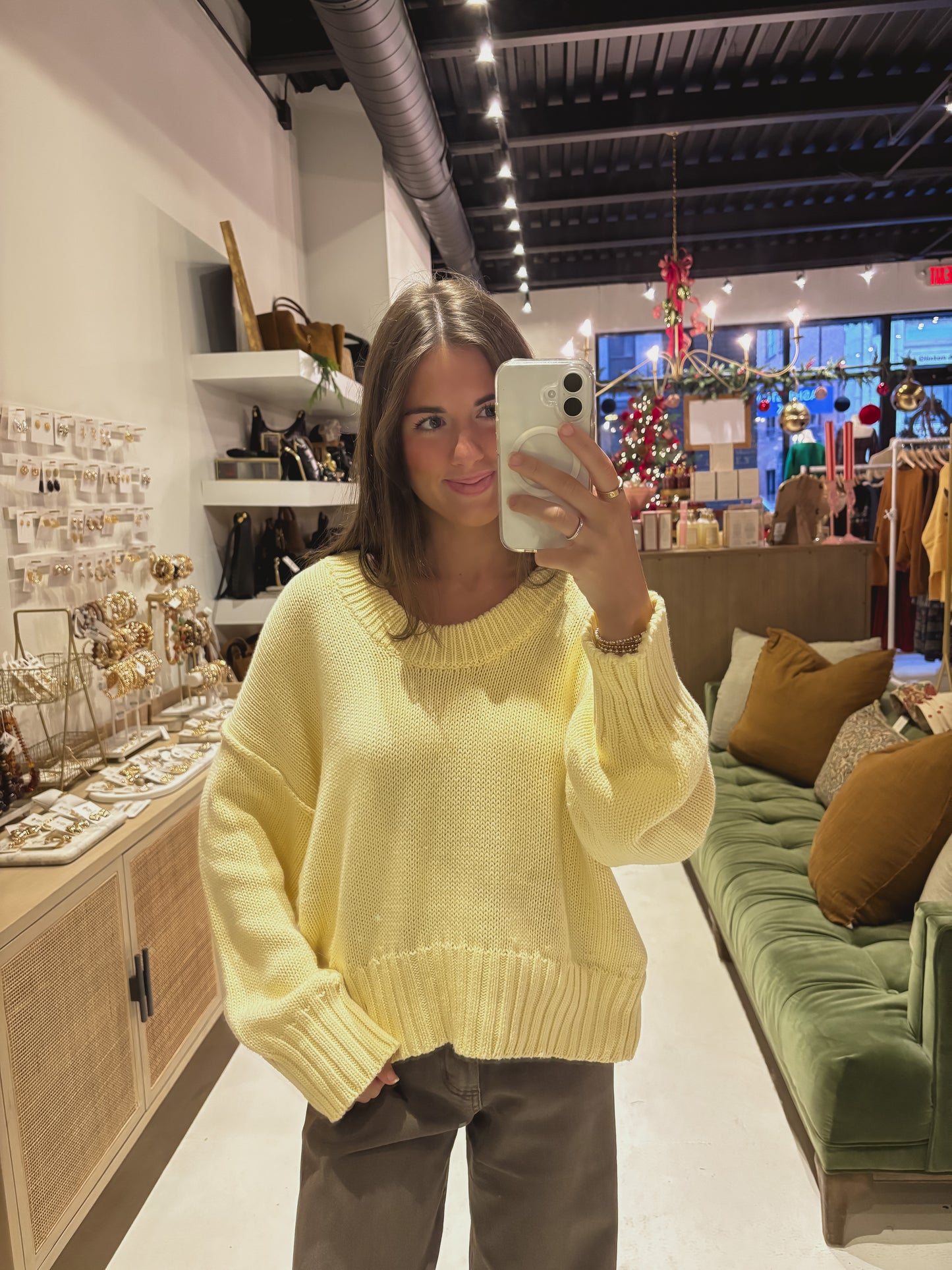 Yellow Scoop Neck Drop Shoulder Knit Sweater