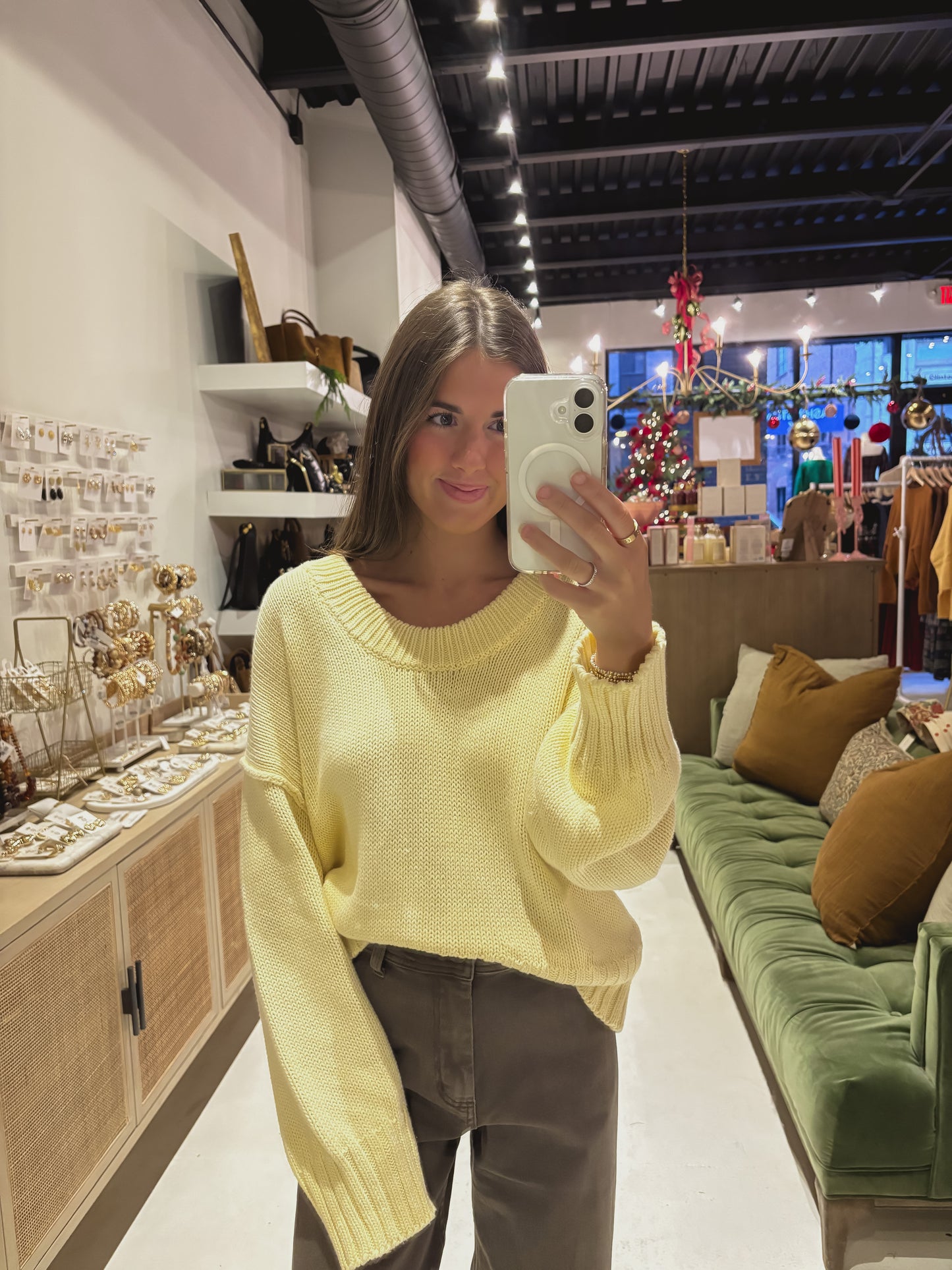 Yellow Scoop Neck Drop Shoulder Knit Sweater