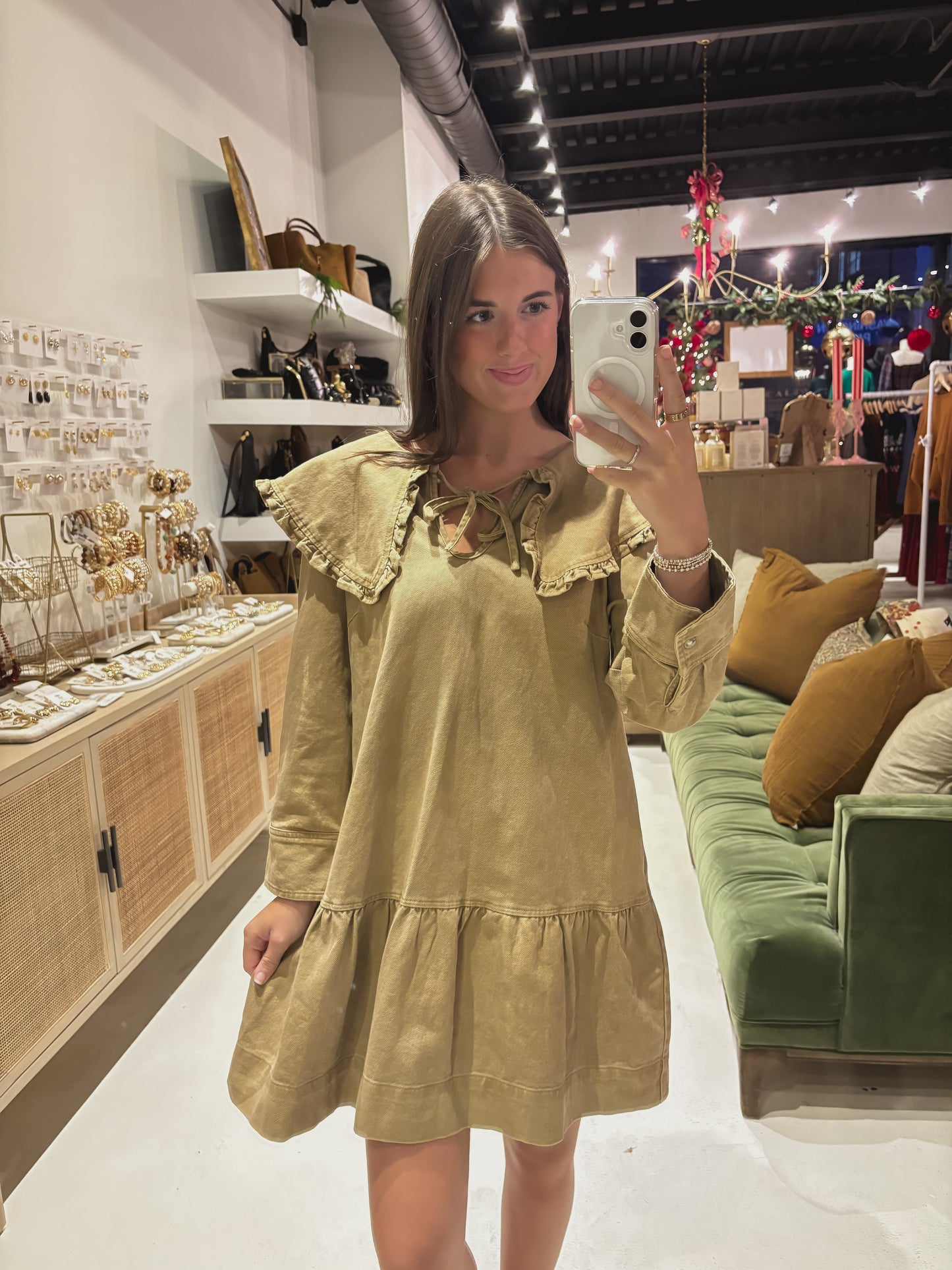 Camel Ruffled Peter Pan Collar Mini Dress