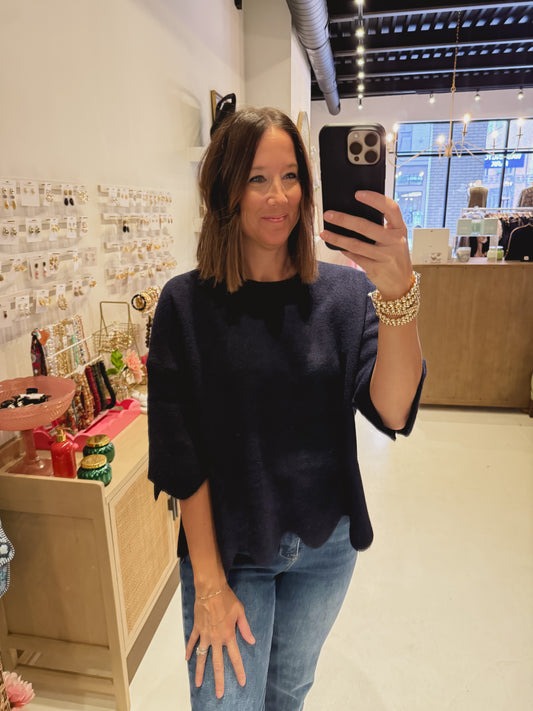 The Scalloped Knit Sweater in Navy