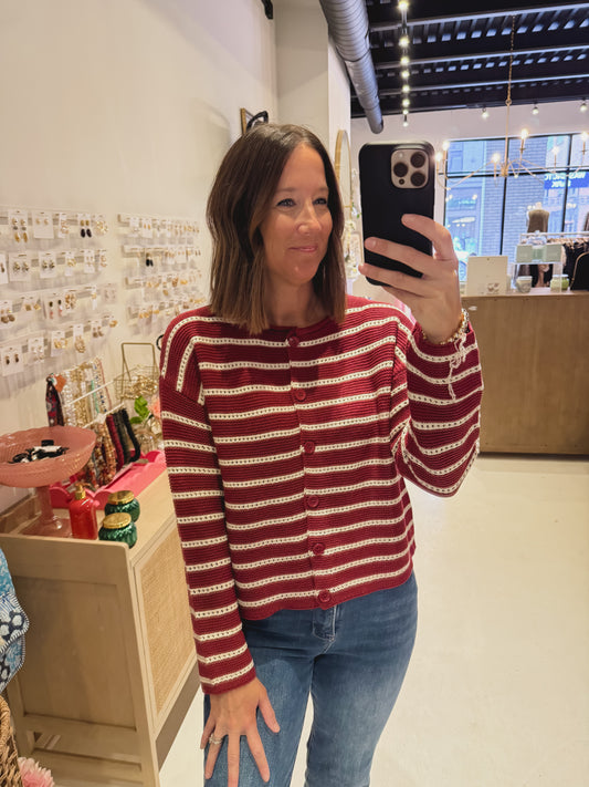 Red Striped Crochet Button-up Sweater