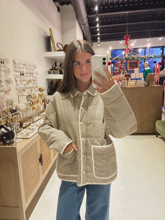 Tan Gingham Piping Detail Jacket