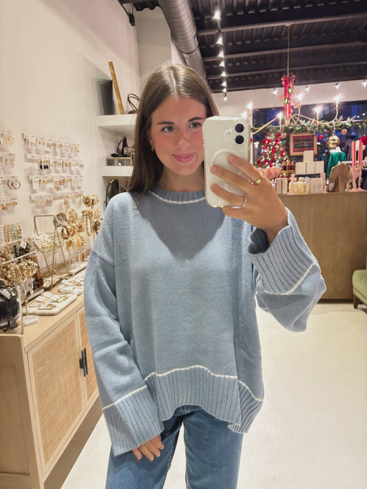 DOORBUSTER! The White Trimmed Blue Oversized Sweater