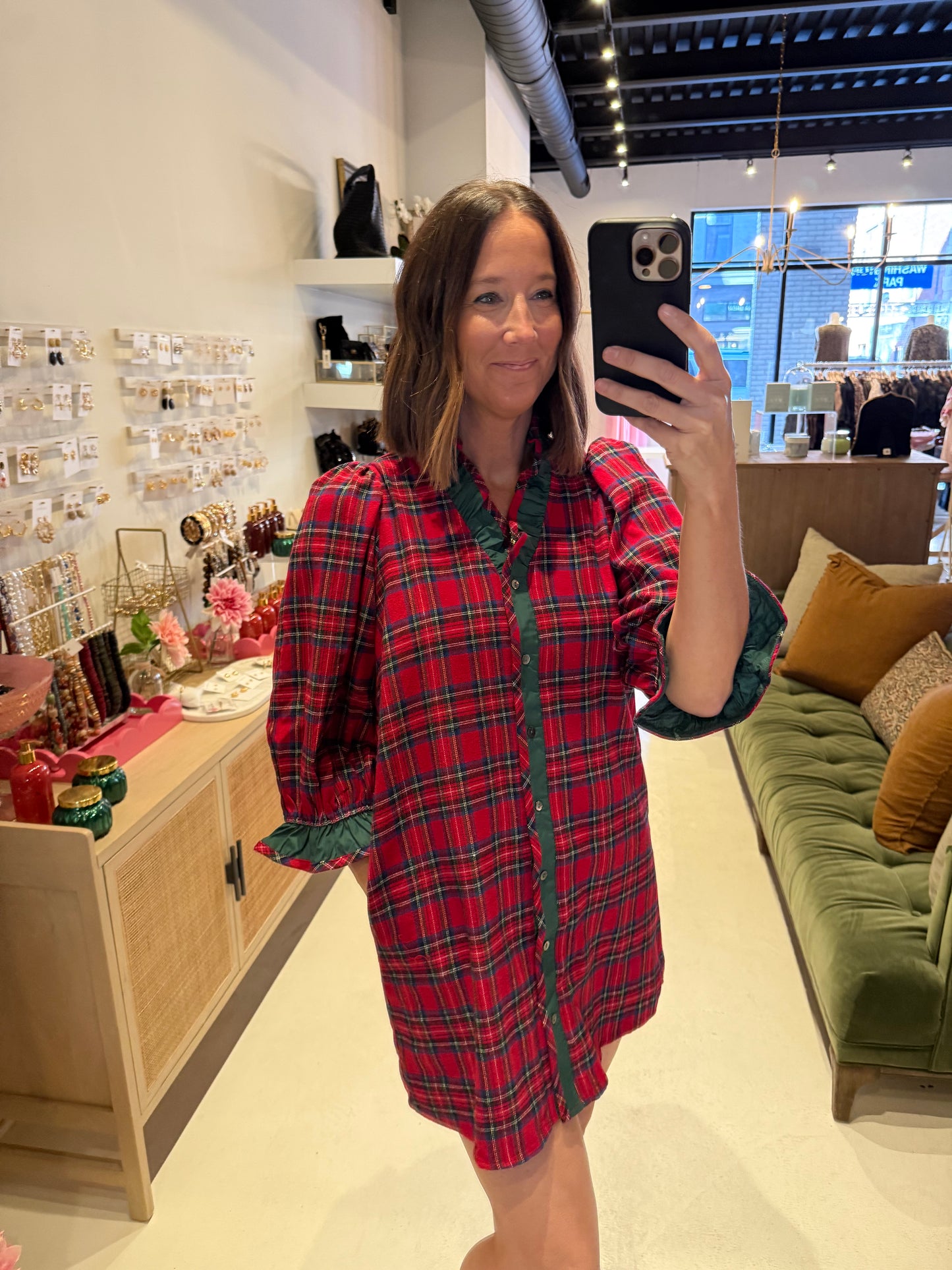The Seasonal Plaid with Green Ruffle Dress