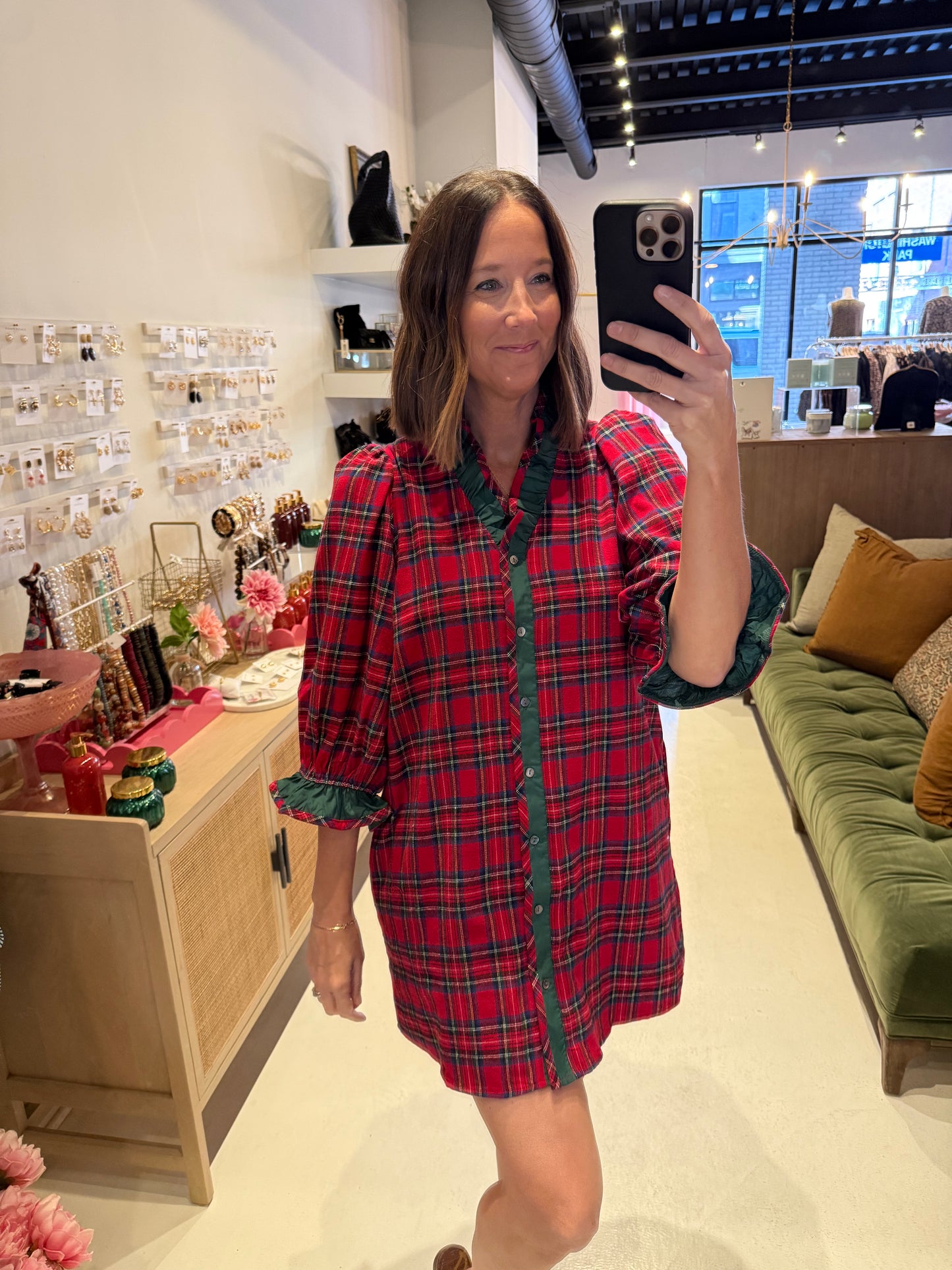 The Seasonal Plaid with Green Ruffle Dress