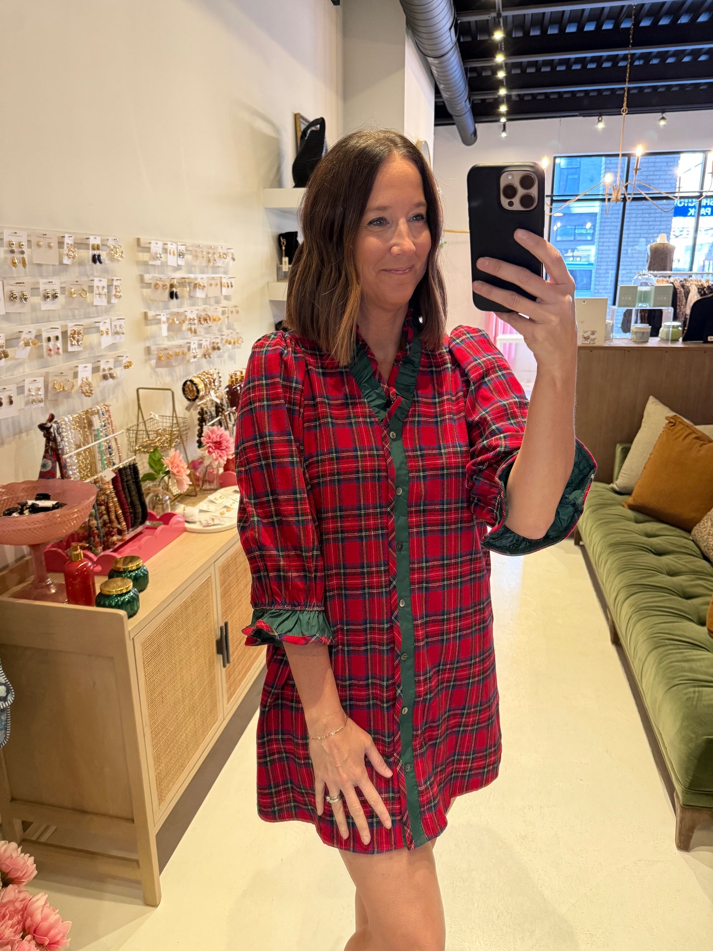 The Seasonal Plaid with Green Ruffle Dress