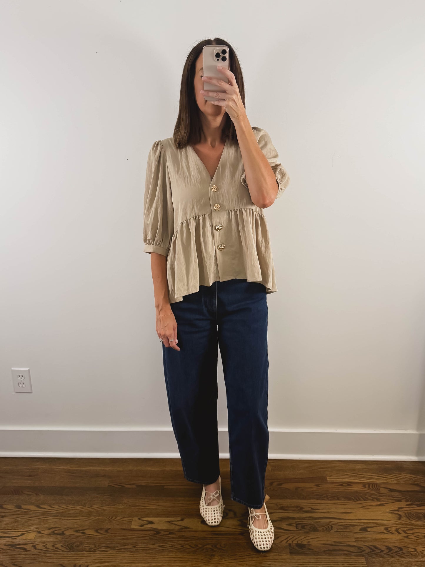 The Gold Button Top in Tan