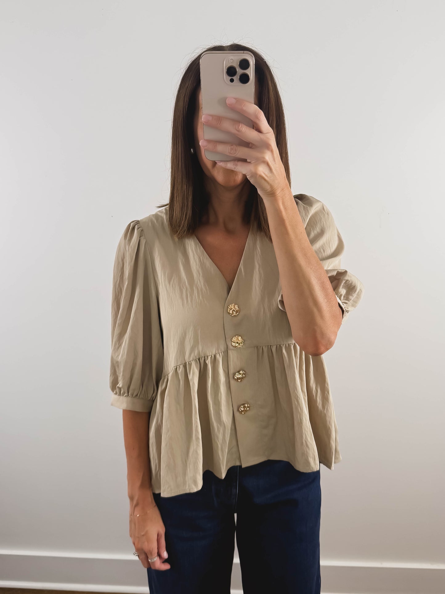 The Gold Button Top in Tan