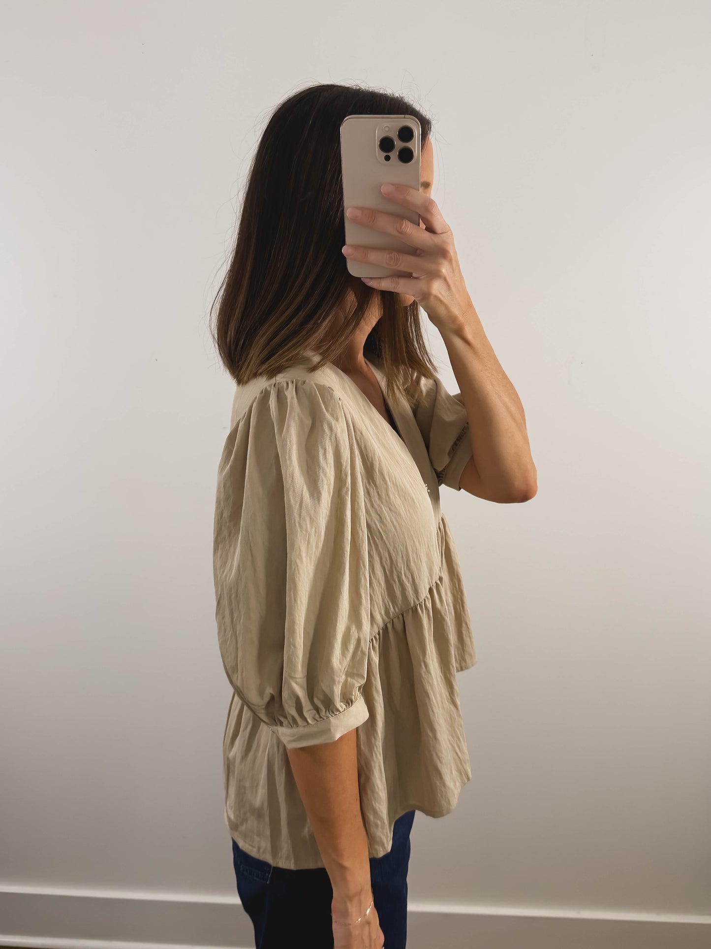 The Gold Button Top in Tan