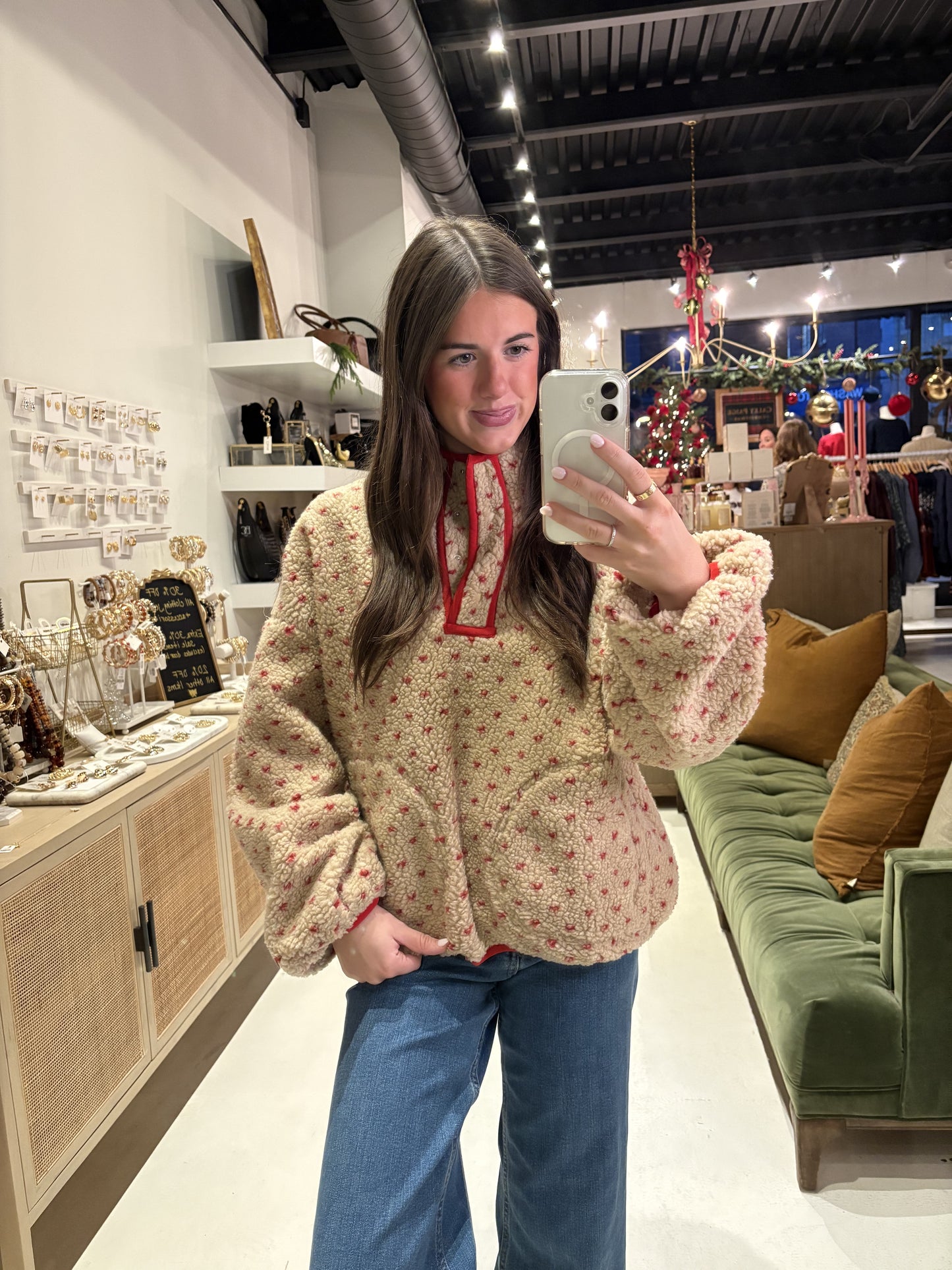 Tan Pullover with Red Trim & Hearts