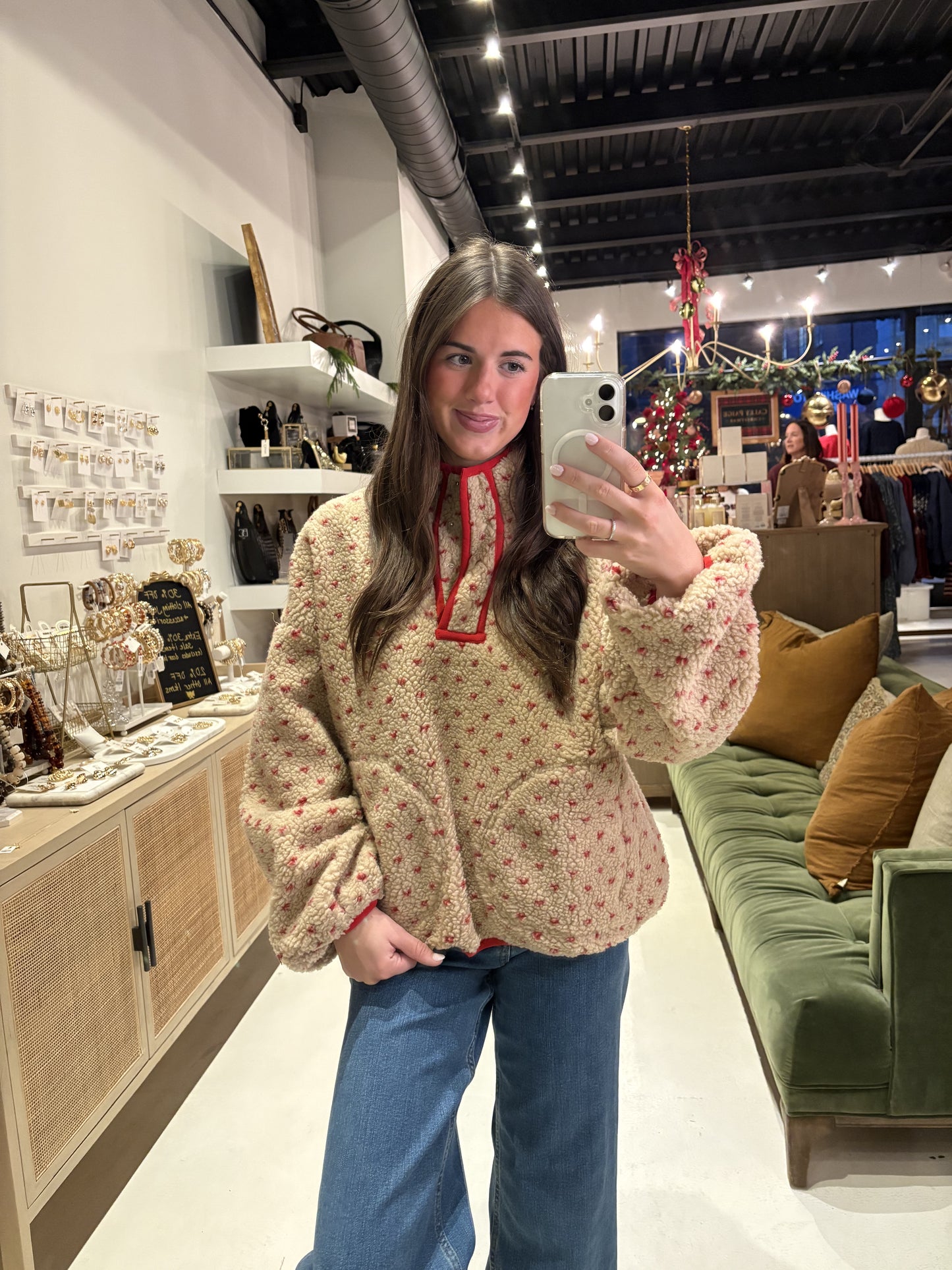 Tan Pullover with Red Trim & Hearts