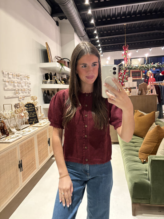 Maroon Scalloped Short Sleeve Cardigan