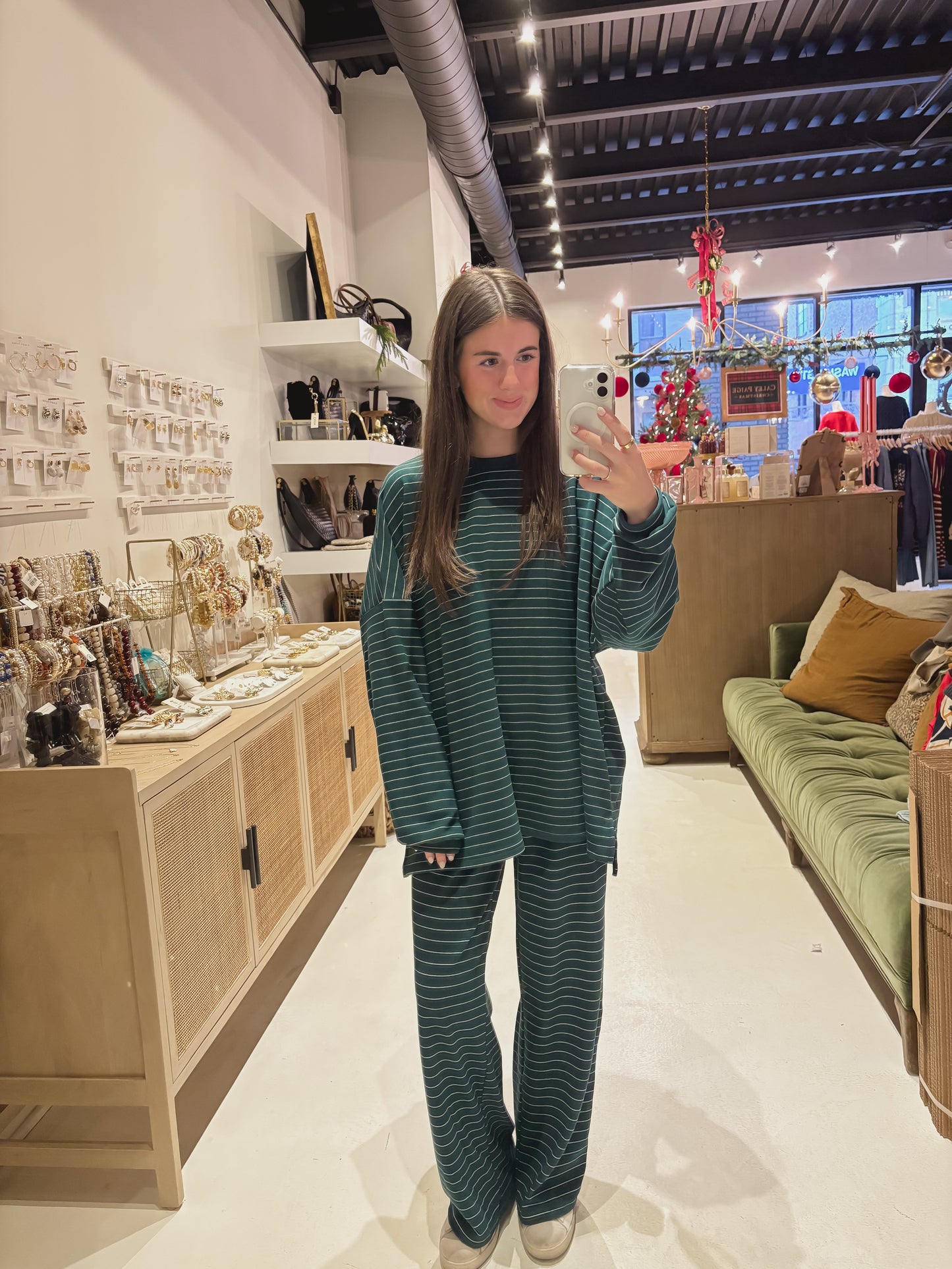 Oversized Striped Top in Forest Green