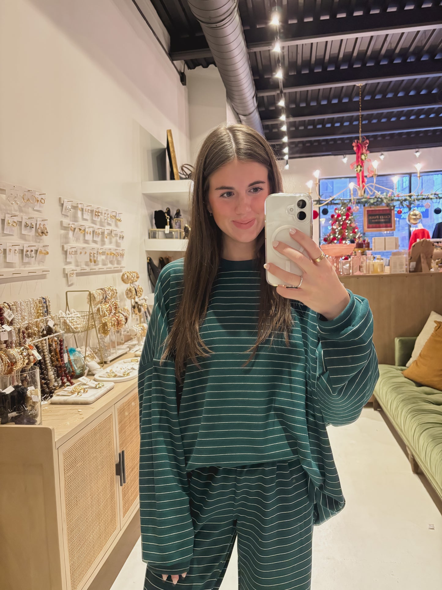Oversized Striped Top in Forest Green