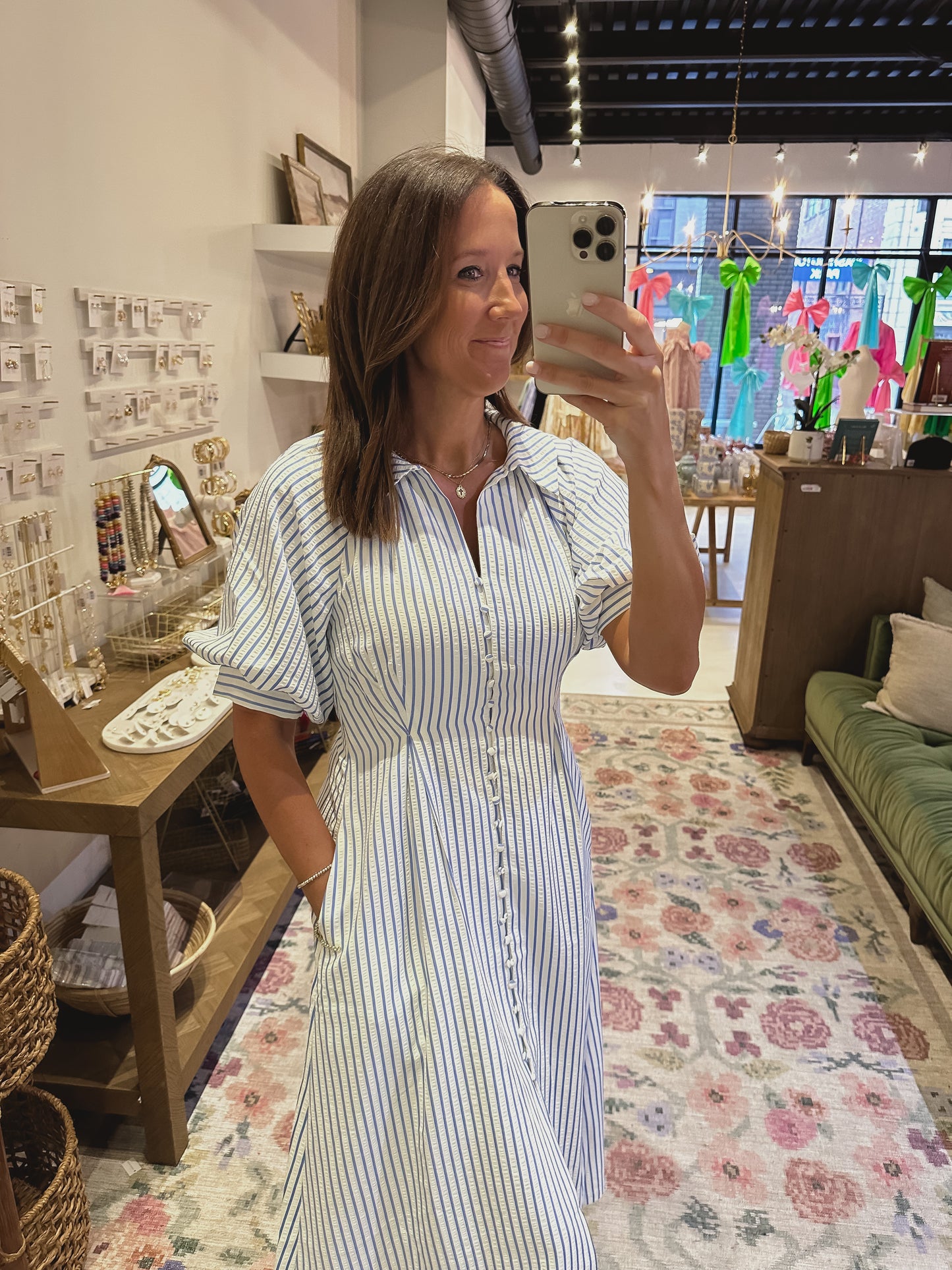 The Evelyn Dress in Blue and White Stripes