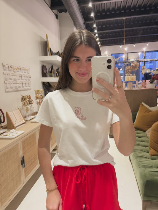 Western Embroidered White Knit Boot T-Shirt