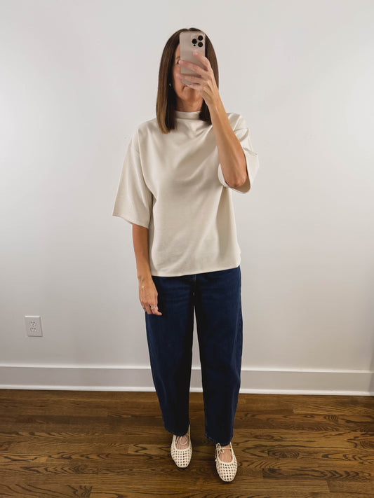 The Ribbed Mock Neck Tee in Cream