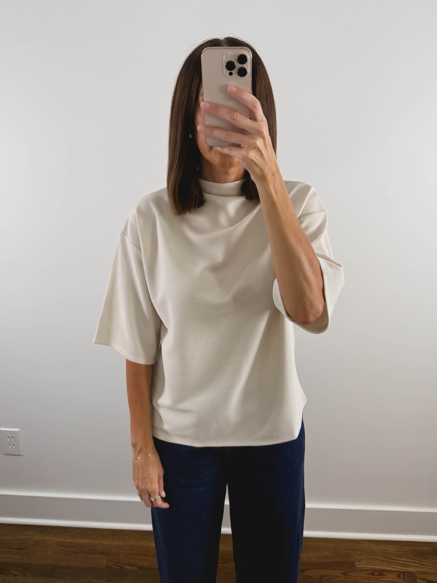 The Ribbed Mock Neck Tee in Cream