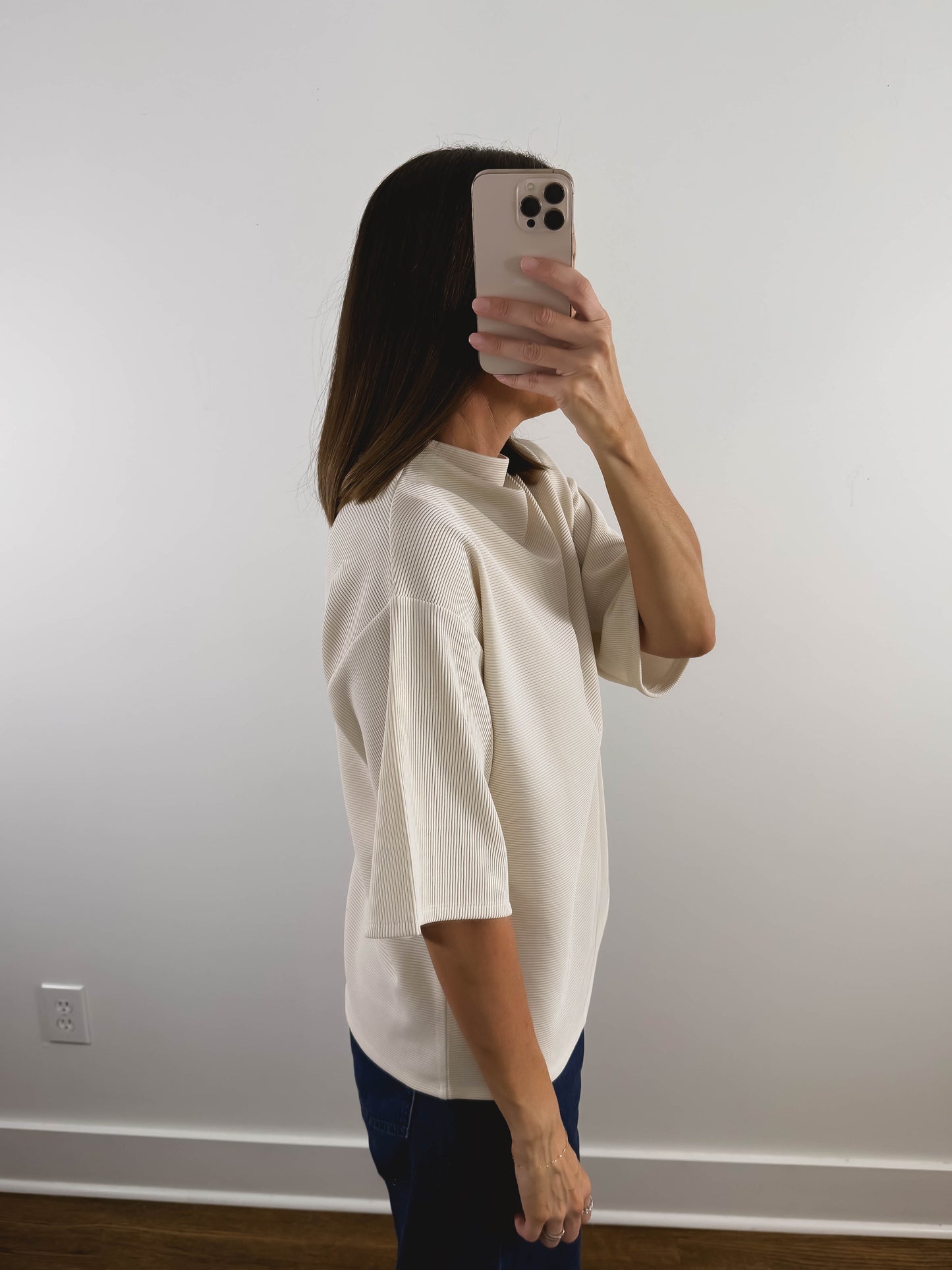 The Ribbed Mock Neck Tee in Cream