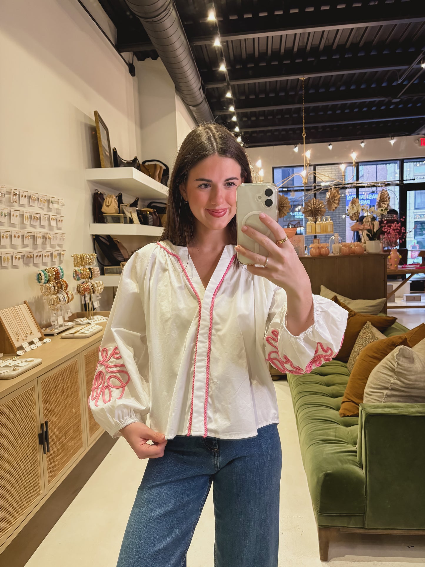 The Puff Sleeve Embroidered Blouse in Pink and White