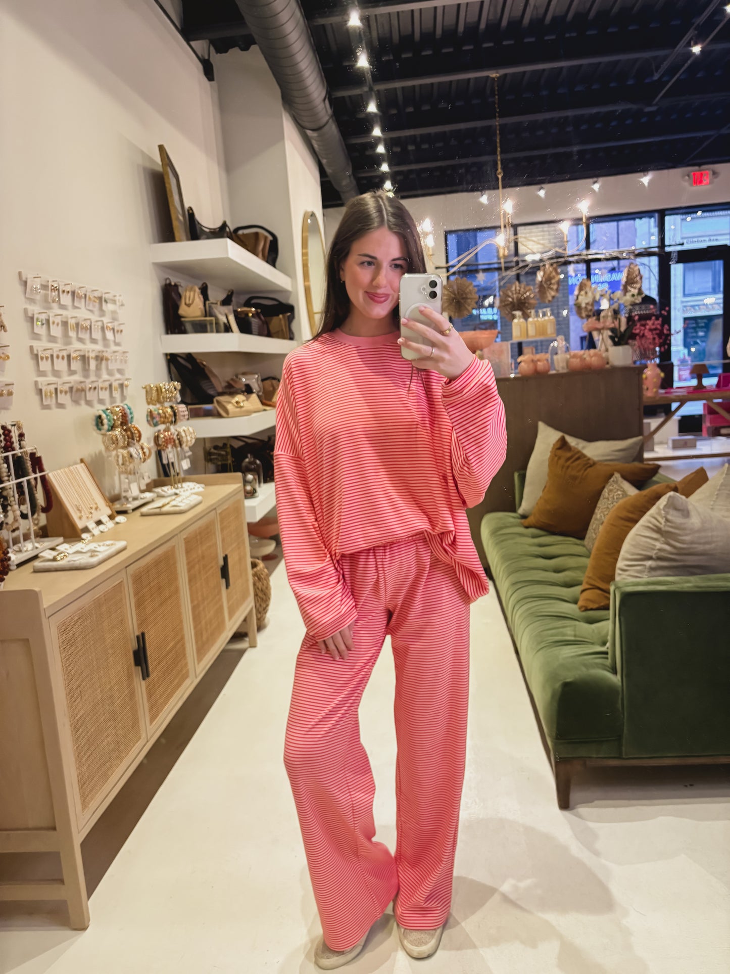 Pink Fleece Pants with Red Stripes