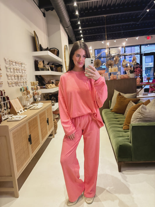 Pink Fleece Pants with Red Stripes