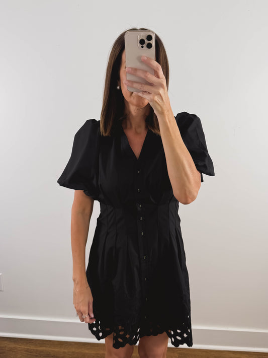 The Sable Dress | Black Cutwork Eyelet Mini Shirt Dress