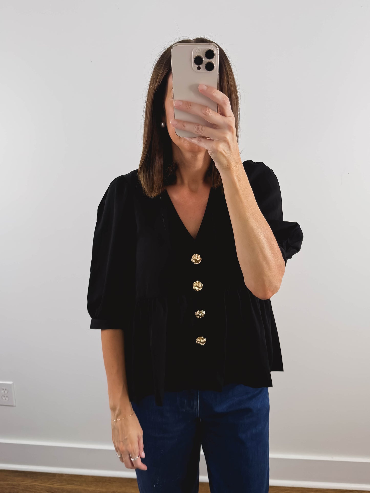 The Gold Button Top in Black