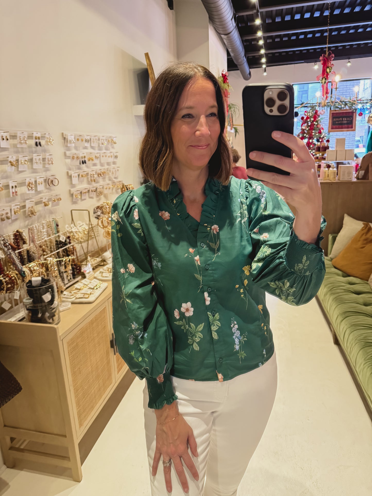 DOORBUSTER! The Floral Button Up Ruffle Collar Shirt in Green