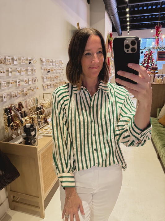 DOORBUSTER! Green and White Striped Top