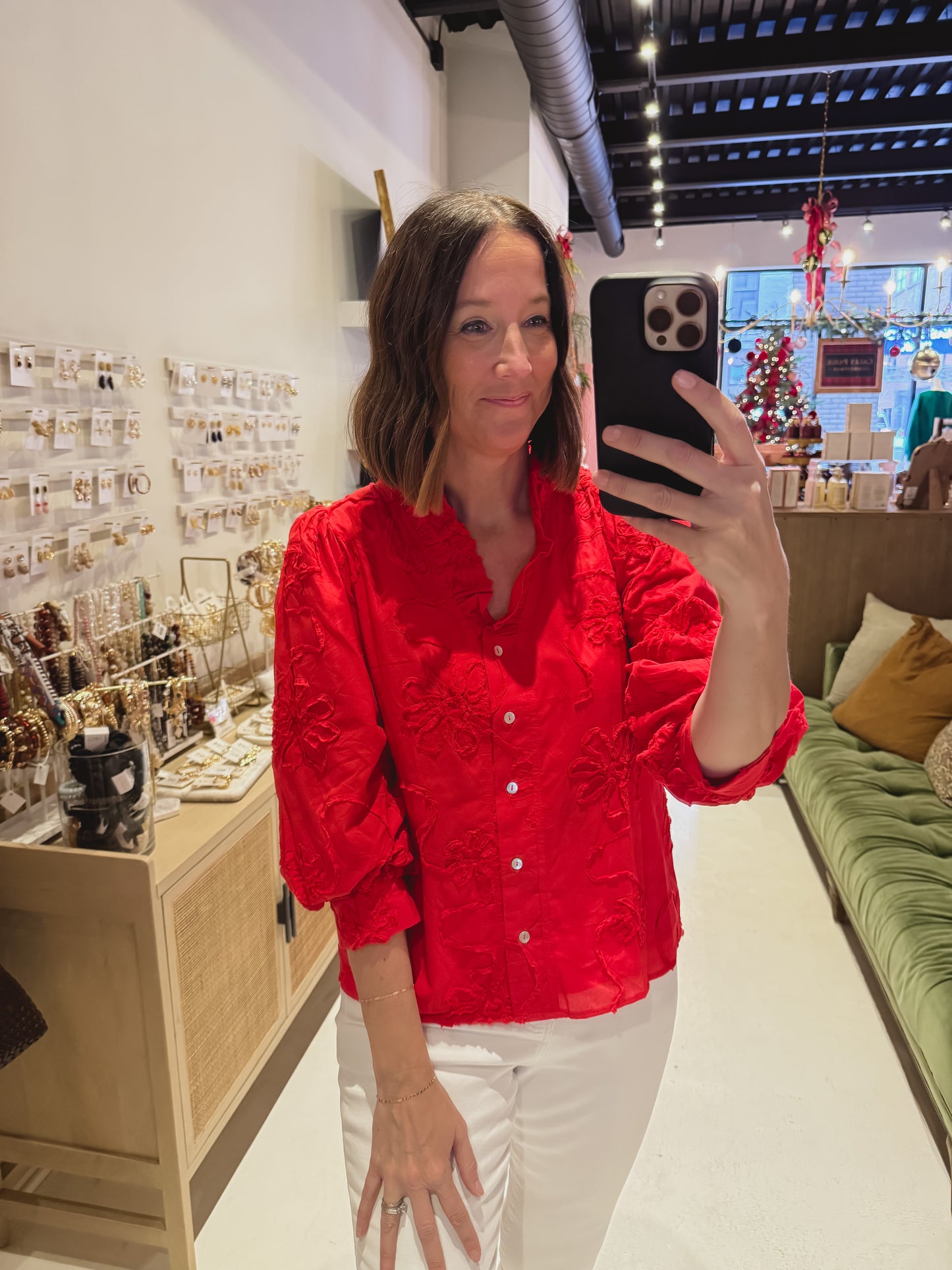 DOORBUSTER! Button Down 3d Floral Top in Red