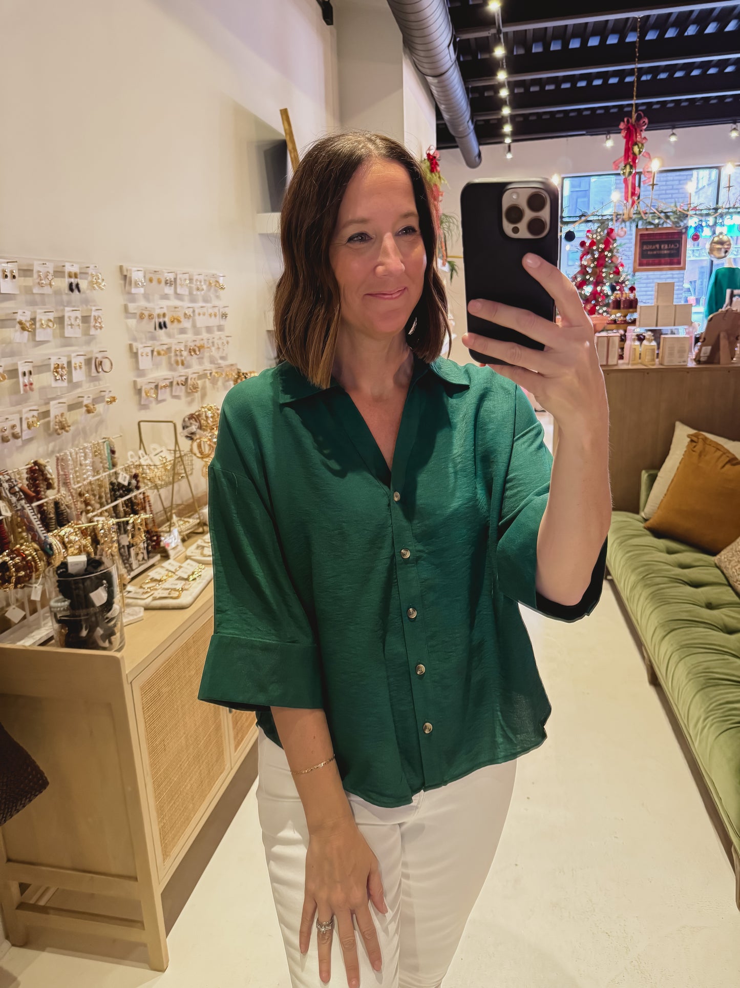 DOORBUSTER! The Easy Button Up Top in Green