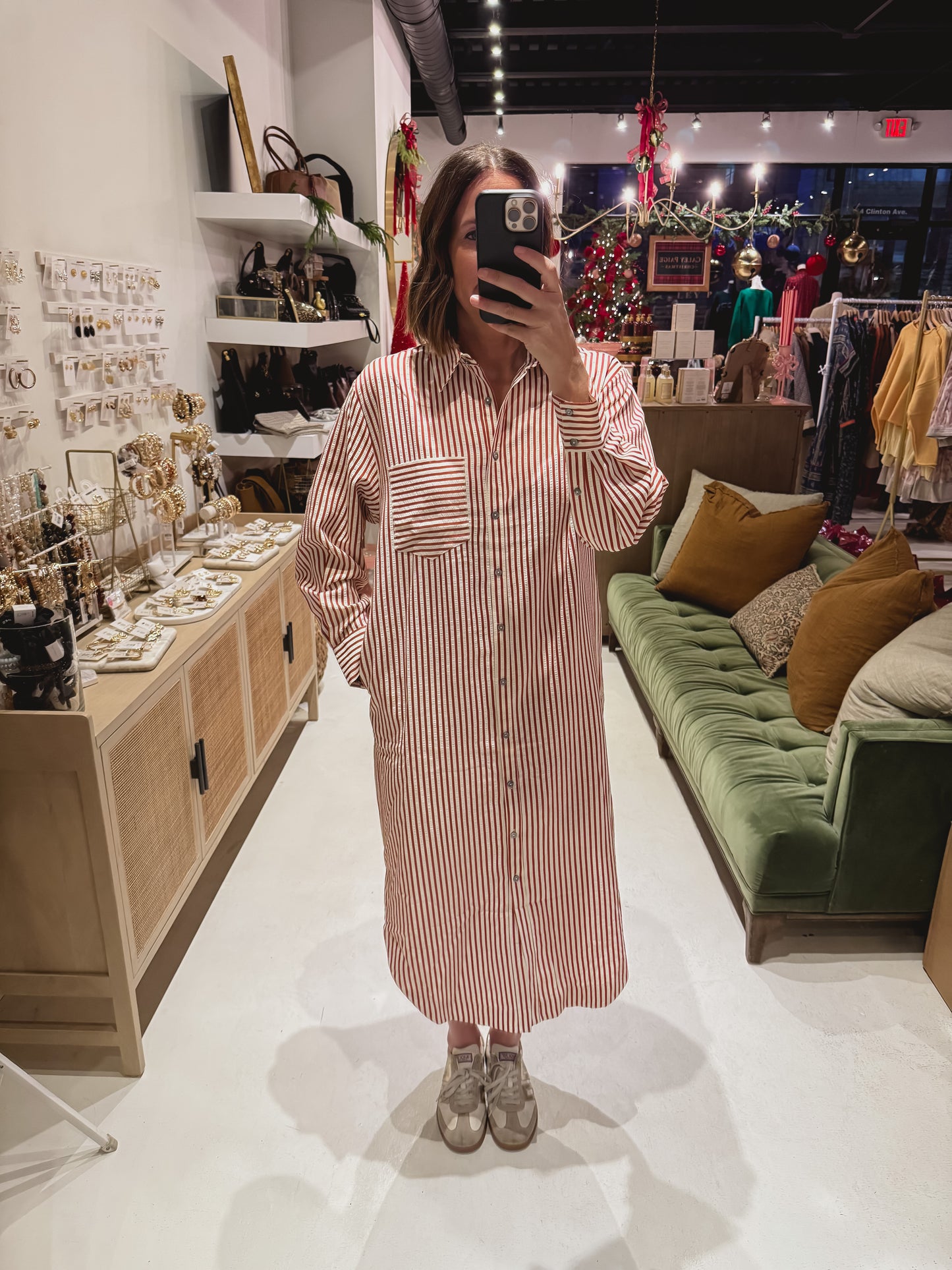 DOORBUSTER! The Collared Striped Shirt Dress in Rust