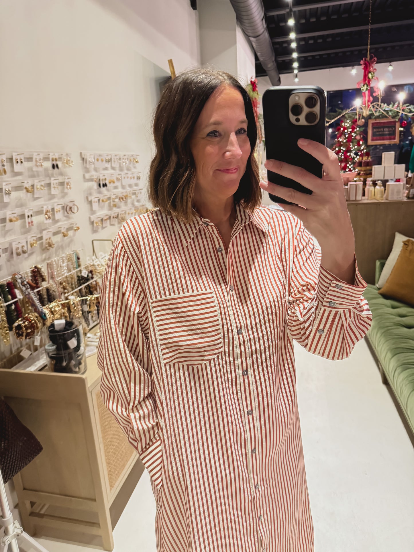 DOORBUSTER! The Collared Striped Shirt Dress in Rust