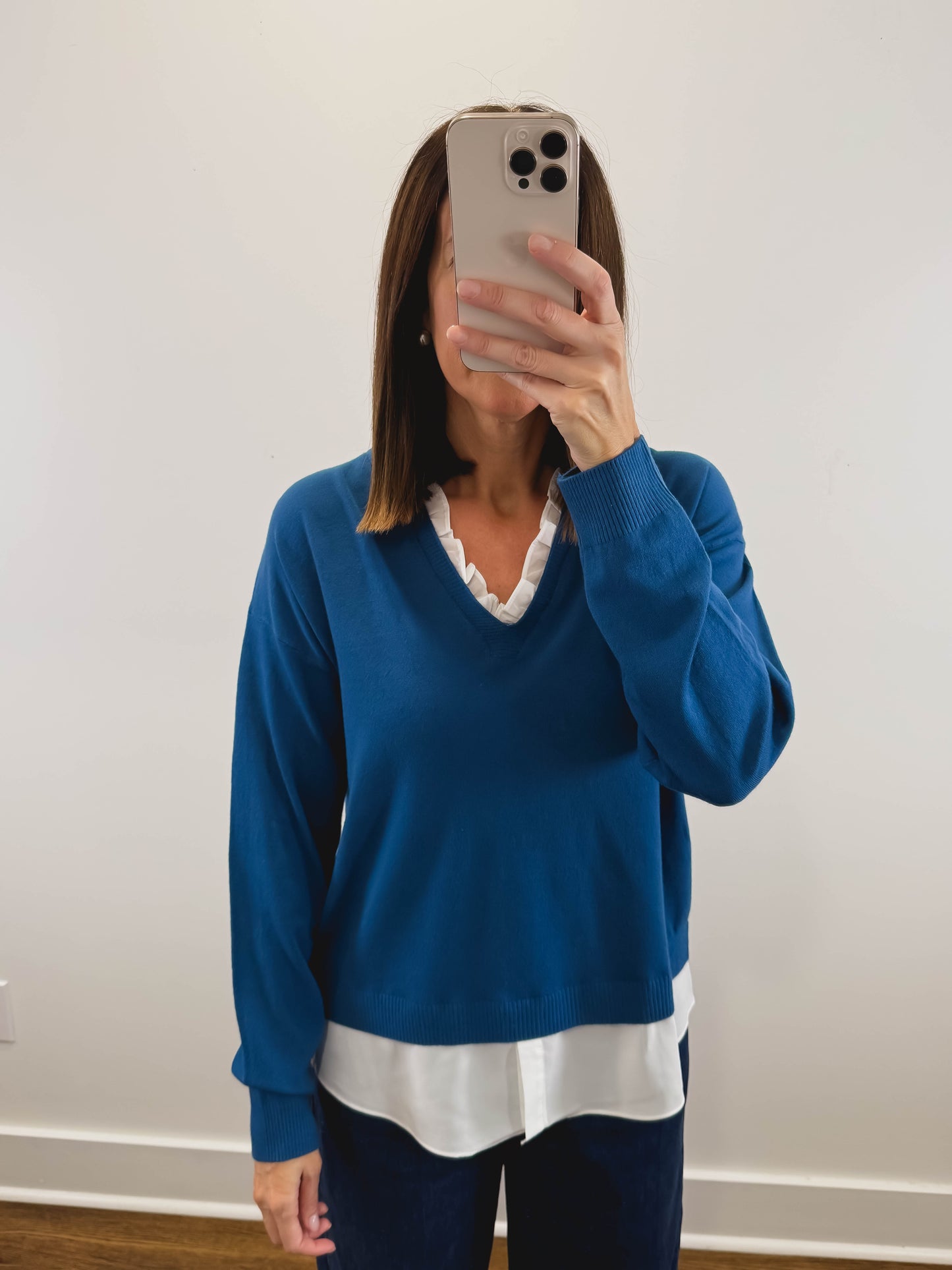 The Lucille Ruffle Collar Sweater in Turquoise